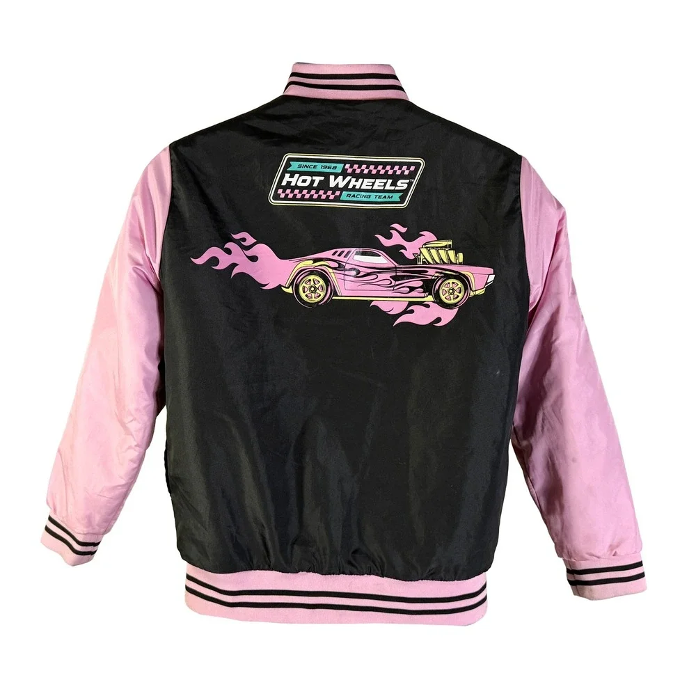 Hot Wheels Varsity Bomber Jacket Kids Size 14‎ L Black Pink Racing Team Graphic